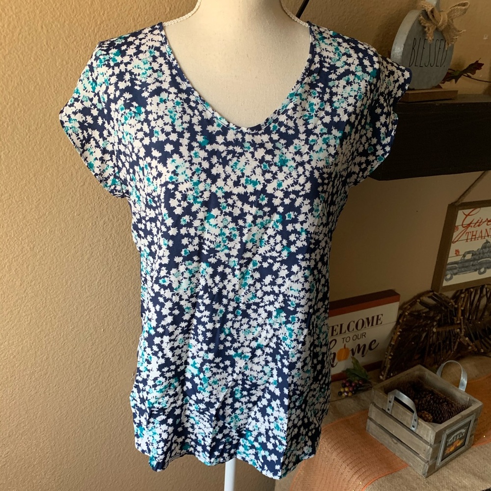 Ann Taylor Navy Blue Floral ShortSleeve Blouse L - Picture 2 of 6